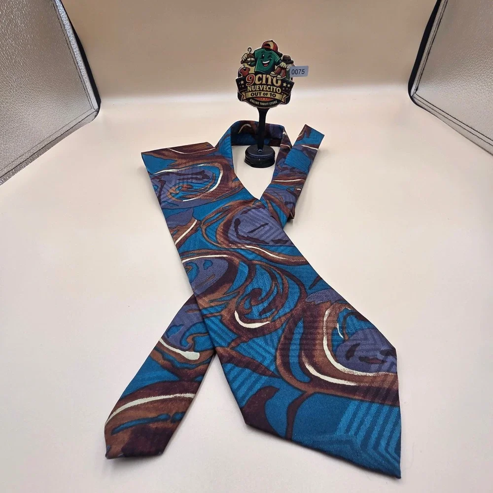 Lorenzo Valentino Mens Silk Tie‎ Abstract Swirl Teal Brown Purple Made in Italy